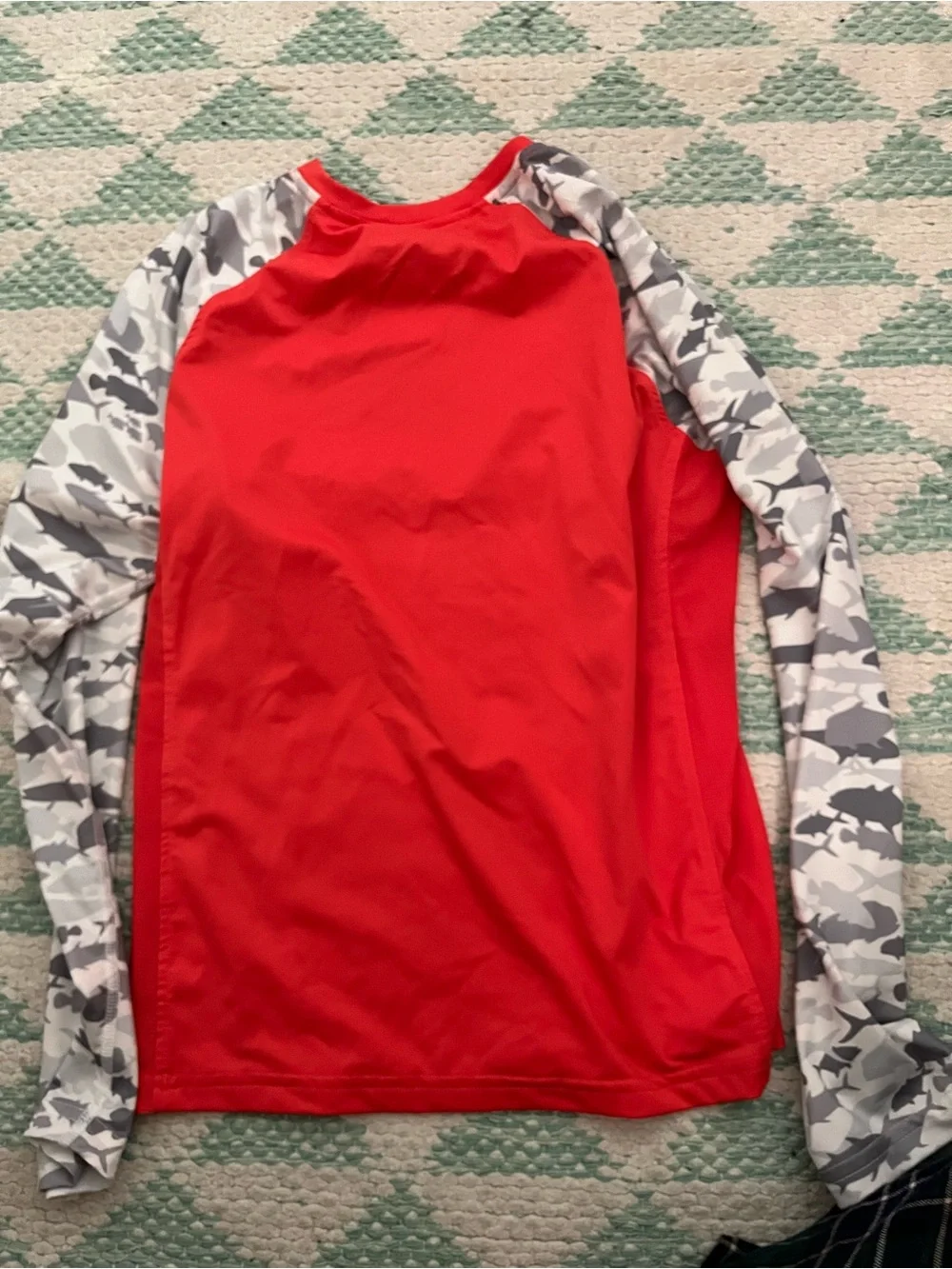 Kids' Red fishing shirt  with Gray Camo Sleeves